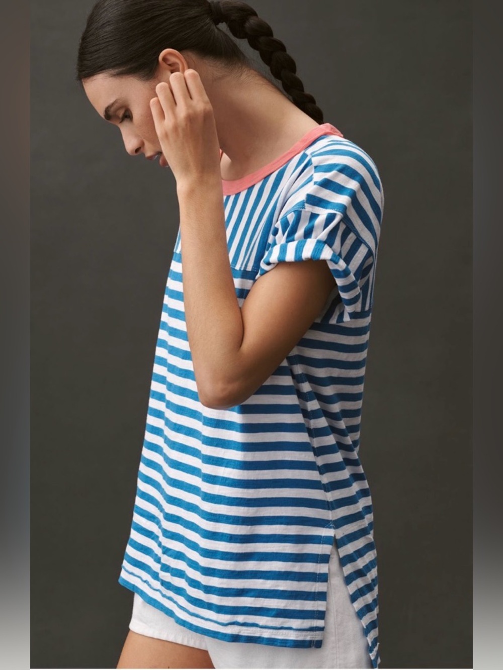 Pilcro The Jordyn Cotton Slub Crew Neck Oversized Tee -Blue, White, Pink - x-lg - Picture 4 of 12